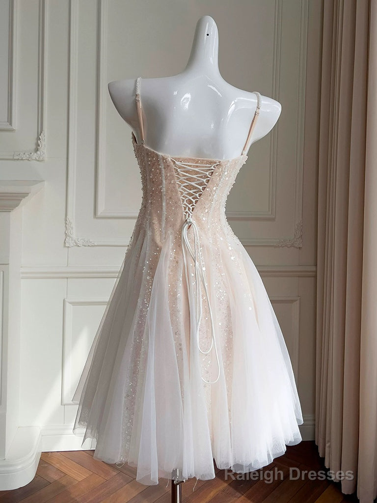 A-Line Sweetheart Neck Tulle Sequin Champagne Short Prom Dress, Cute Homecoming Dress Secondary image