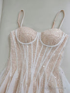A-Line Sweetheart Neck Tulle Sequin Champagne Short Prom Dress, Cute Homecoming Dress