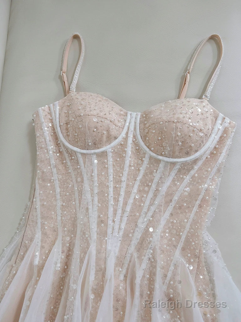 A-Line Sweetheart Neck Tulle Sequin Champagne Short Prom Dresses Cute Homecoming Dresses