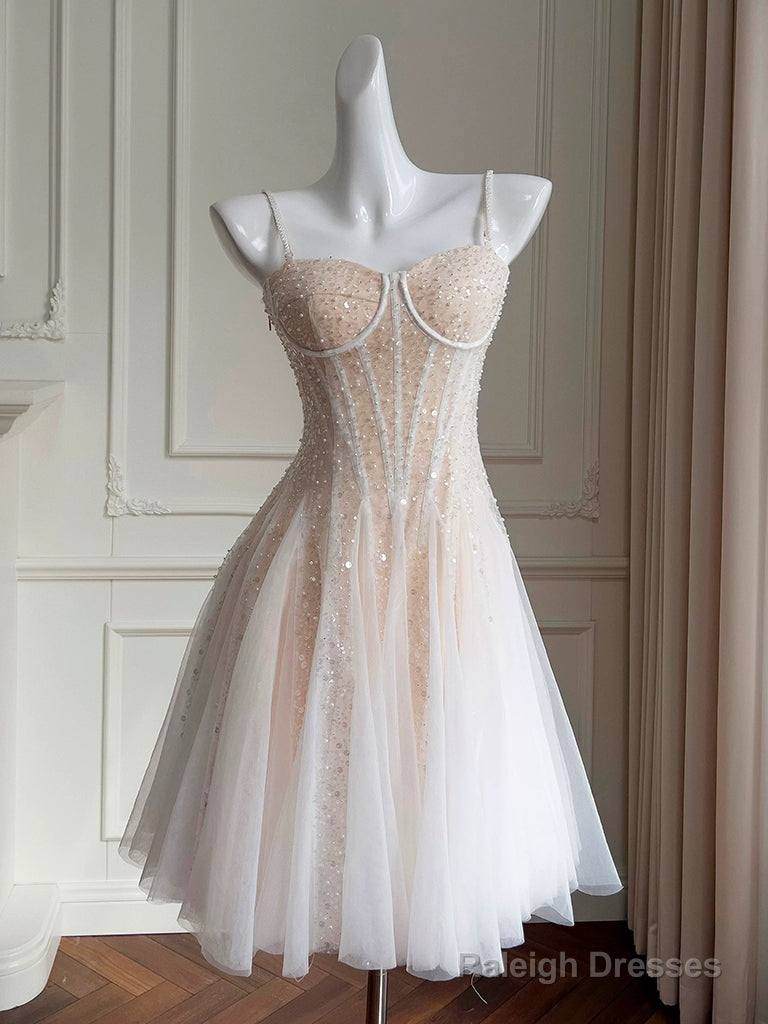 A-Line Sweetheart Neck Tulle Sequin Champagne Short Prom Dress, Cute Homecoming Dress Main image