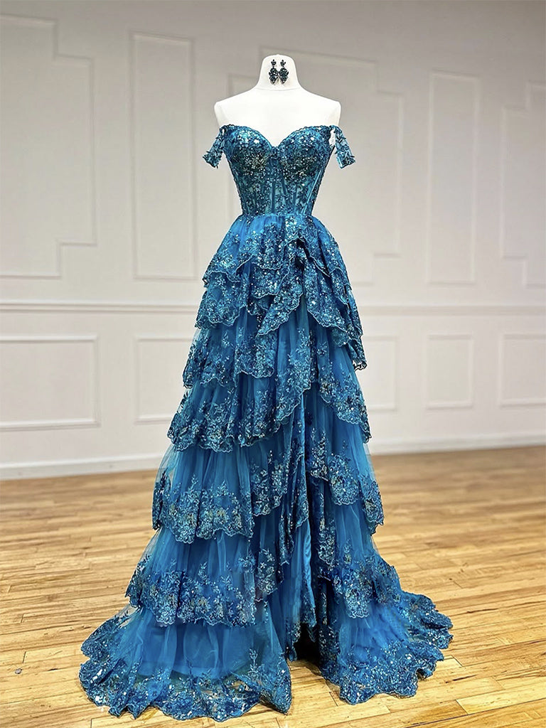 A-Line  Sweetheart Neck Tulle Sequin Lace Blue Long Formal Prom Dress