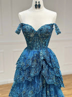 A-Line  Sweetheart Neck Tulle Sequin Lace Blue Long Formal Prom Dress
