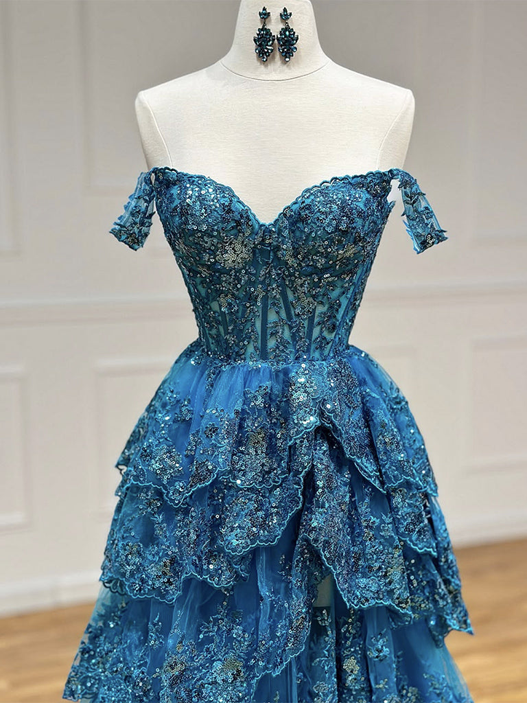 A-Line  Sweetheart Neck Tulle Sequin Lace Blue Long Formal Prom Dress