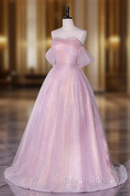 A-Line Sweetheart Neck Tulle Sequin Pink Long Prom Dress, Pink Tulle Formal Dress