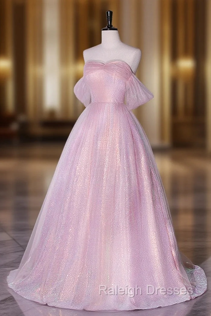 A Line Sweetheart Neck Tulle Sequin Pink Long Prom Dresses Pink Tulle Prom Dresses Main image