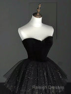 A-Line Sweetheart Neck Tulle Velvet Black Long Prom Dress, Black Evening Dress
