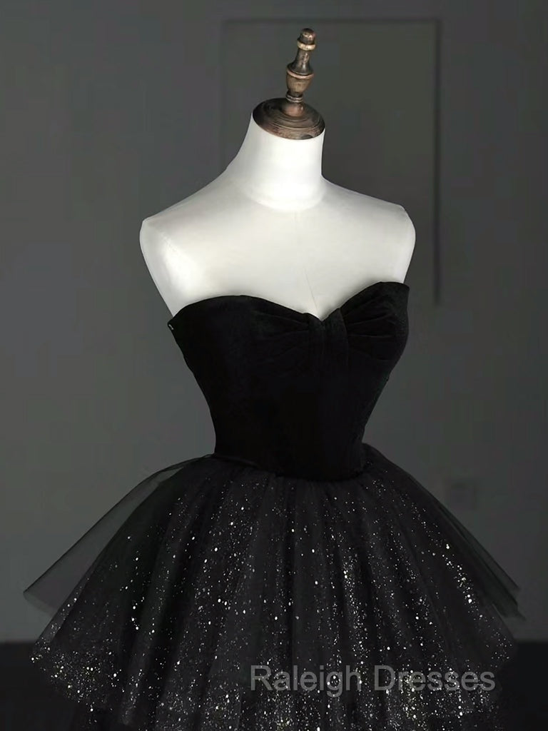 A-Line Sweetheart Neck Tulle Velvet Black Long Prom Dress, Black Evening Dress