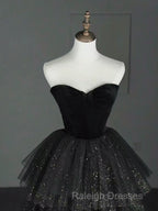 A-Line Sweetheart Neck Tulle Velvet Black Long Prom Dress, Black Evening Dress
