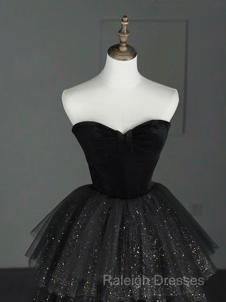 A-Line Sweetheart Neck Tulle Velvet Black Long Prom Dress, Black Evening Dress