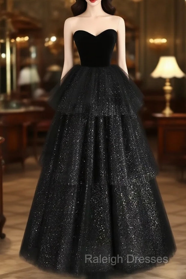 A-Line Sweetheart Neck Tulle Velvet Black Long Prom Dress, Black Evening Dress Main image
