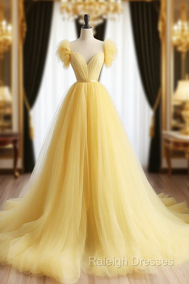 A-Line Sweetheart Neck Tulle Yellow Long Prom Dress, Yellow Long Formal Dress Main image