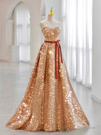 A-Line Sweetheart Neck Velvet Sequin Champagne Gold Long Prom Dress