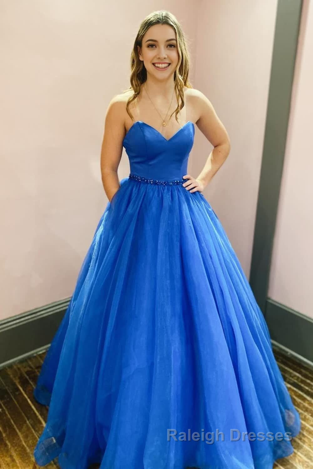 A Line Sweetheart Royal Blue Long Prom Dress with Beading and Pockets Main image