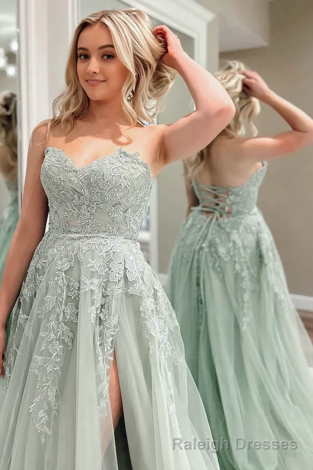 A Line Sweetheart Sage Green Tulle Lace Long Prom Dresses Secondary image