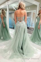 A-Line Sweetheart Sage Green Tulle Lace Long Prom Dresses