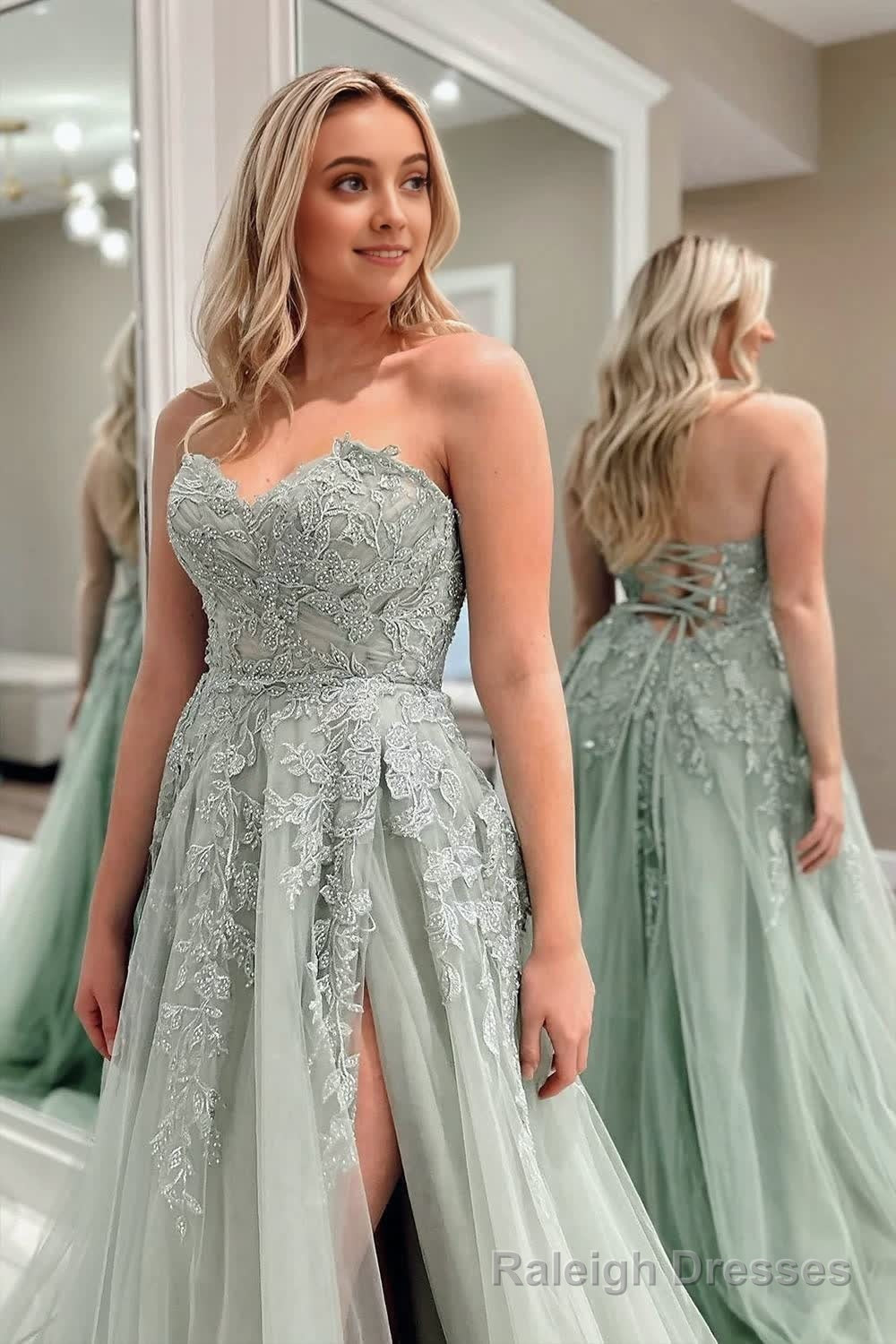 A-Line Sweetheart Sage Green Tulle Lace Long Prom Dresses Main image