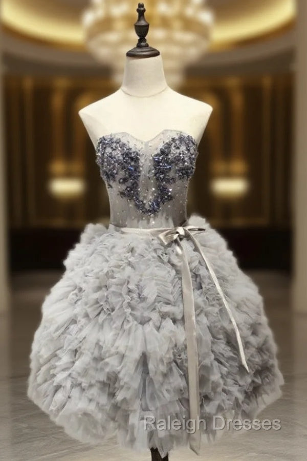 A-Line Sweetheart Short Tulle Silver Ruched Homecoming Dress with Beading