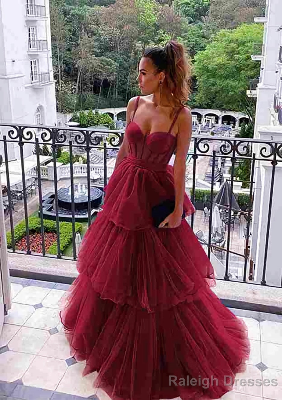 A Line Sweetheart Sleeveless Long Dress Floor Length Tulle Prom Dress With Ruffles