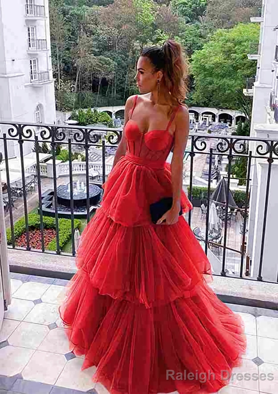 A Line Sweetheart Sleeveless Long Dress Floor Length Tulle Prom Dress With Ruffles
