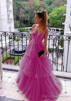 A Line Sweetheart Sleeveless Long Dress Floor Length Tulle Prom Dress With Ruffles