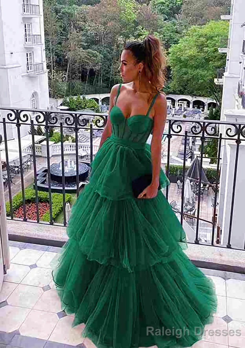 A Line Sweetheart Sleeveless Long Dress Floor Length Tulle Prom Dress With Ruffles
