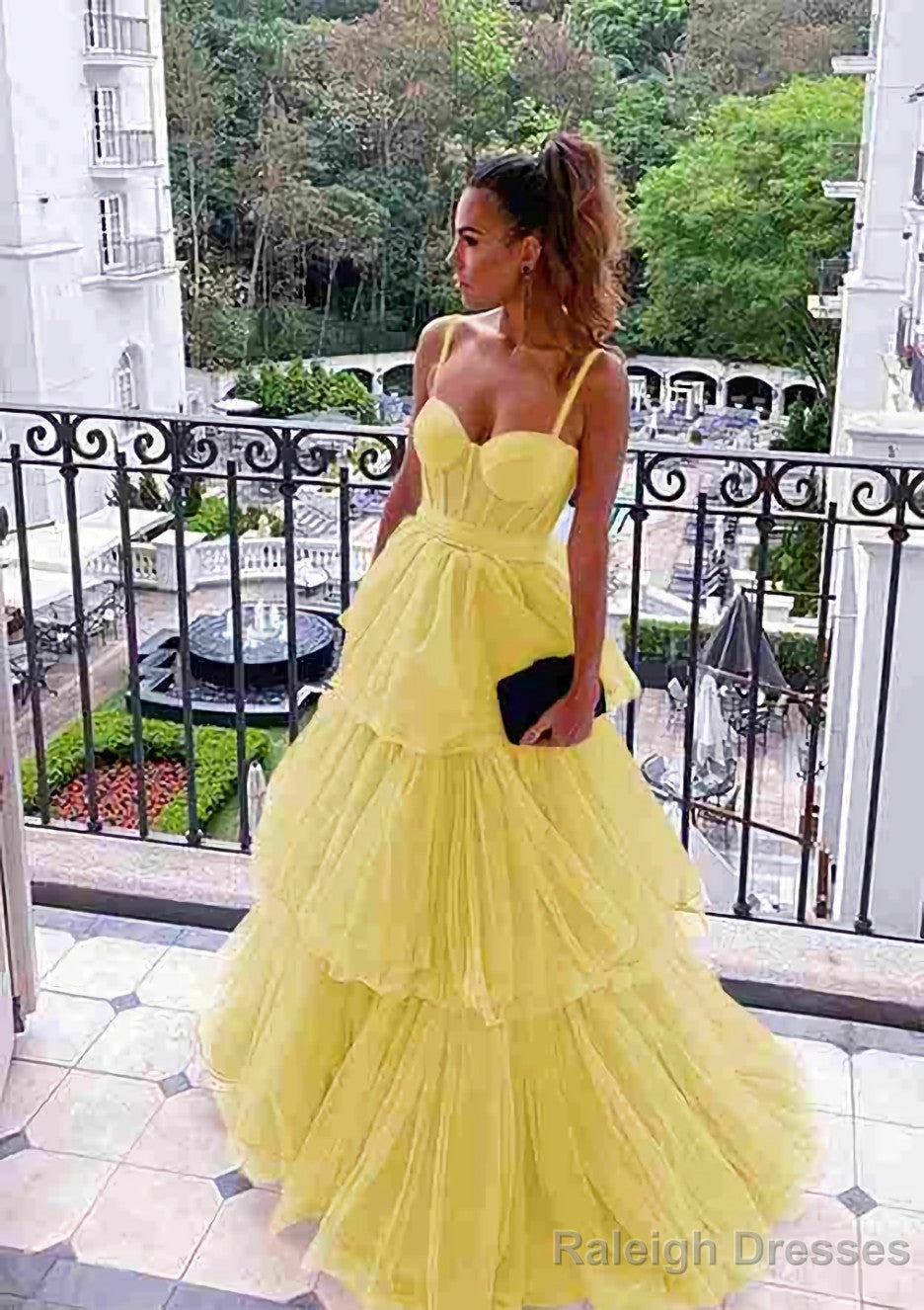 A Line Sweetheart Sleeveless Long Dress Floor Length Tulle Prom Dress With Ruffles