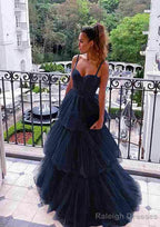 A Line Sweetheart Sleeveless Long Dress Floor Length Tulle Prom Dress With Ruffles