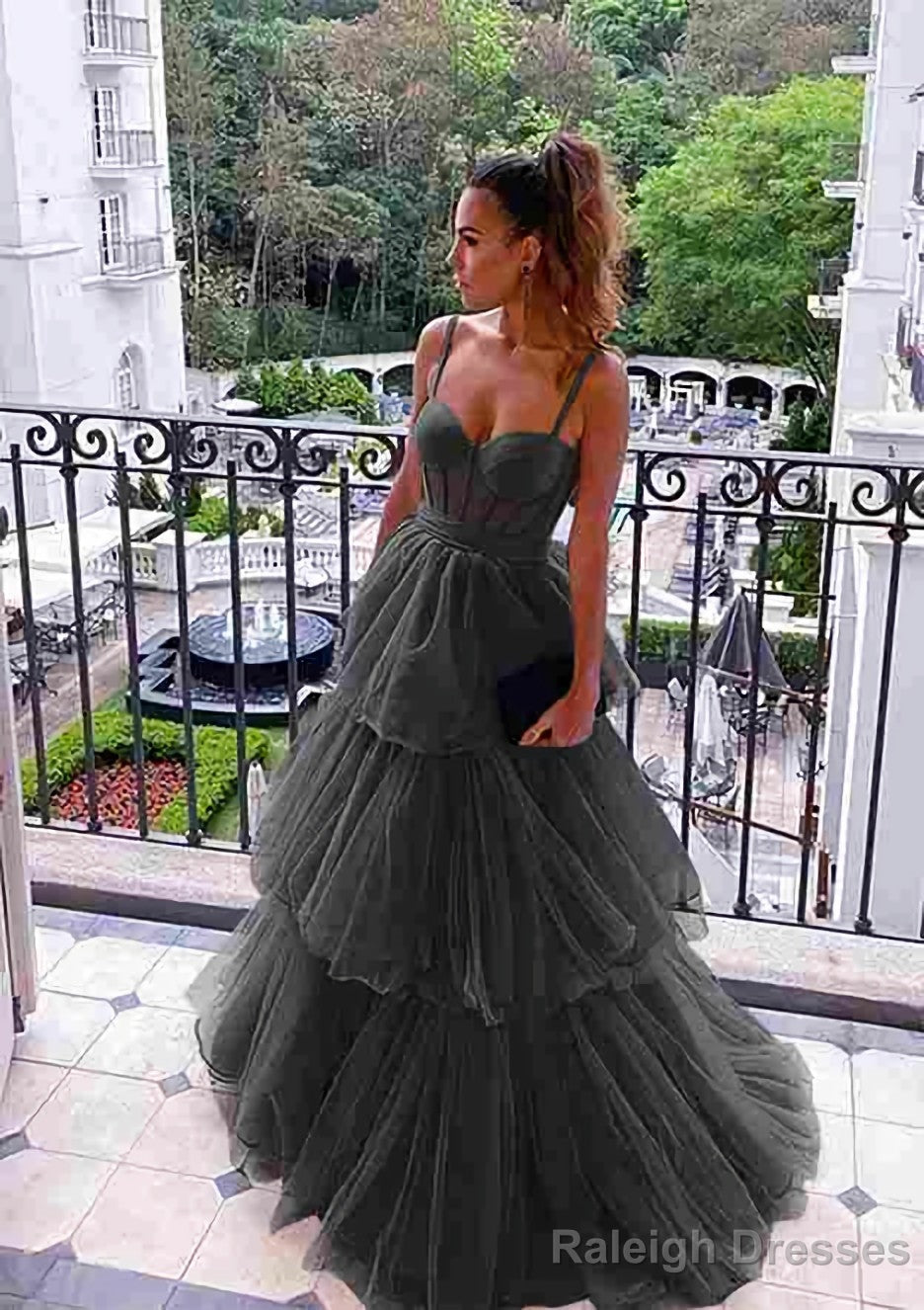 A Line Sweetheart Sleeveless Long Dress Floor Length Tulle Prom Dress With Ruffles