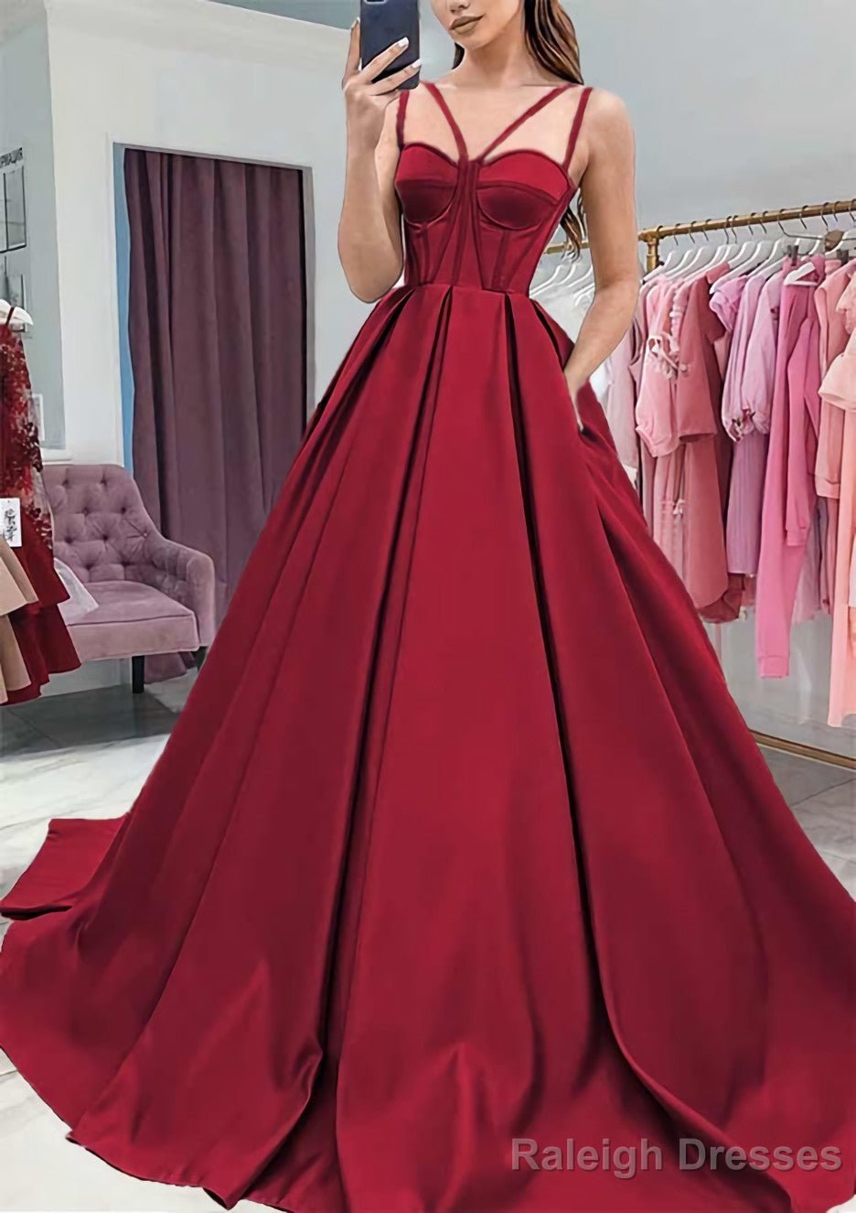 A-line Sweetheart Sleeveless Satin Sweep Train Prom Dresses With Pockets