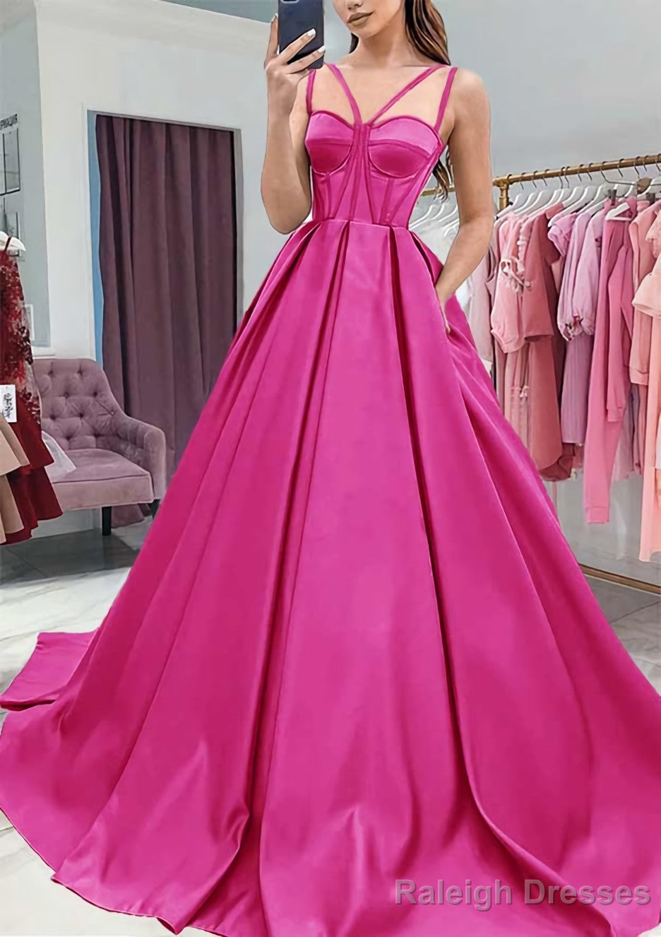 A-line Sweetheart Sleeveless Satin Sweep Train Prom Dresses With Pockets