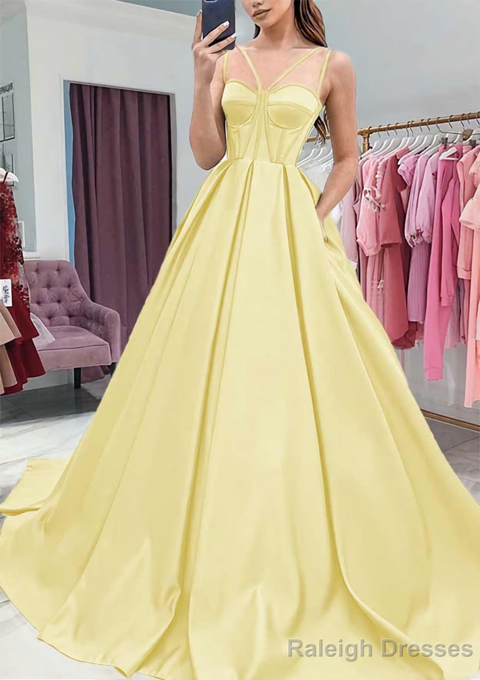 A-line Sweetheart Sleeveless Satin Sweep Train Prom Dresses With Pockets