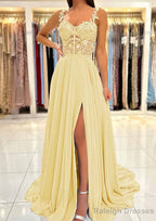 A-line Sweetheart Sleeveless Sweep Train Chiffon Prom Dresses With Appliqued Split