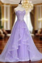 A-line Sweetheart Sleeveless Sweep Train Tulle Prom Dress With Beading Appliqued