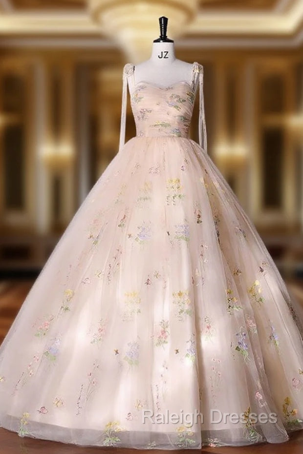 A-Line Sweetheart Sleeves Straps Embroidery Tulle Prom Dress