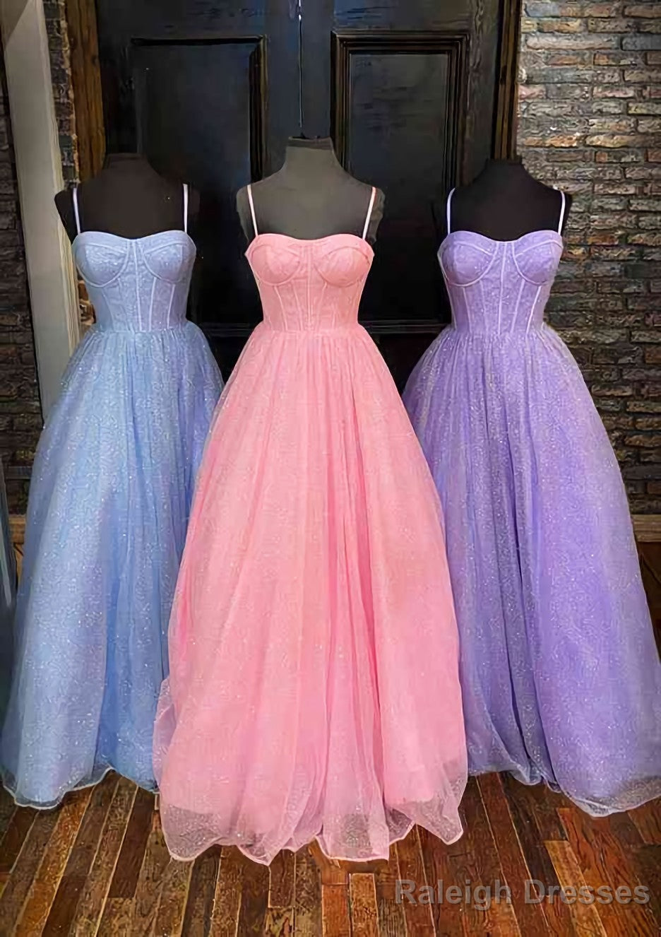A Line Sweetheart Spaghetti Straps Long Dress Floor Length Glitter Prom Dress With Pockets Main image