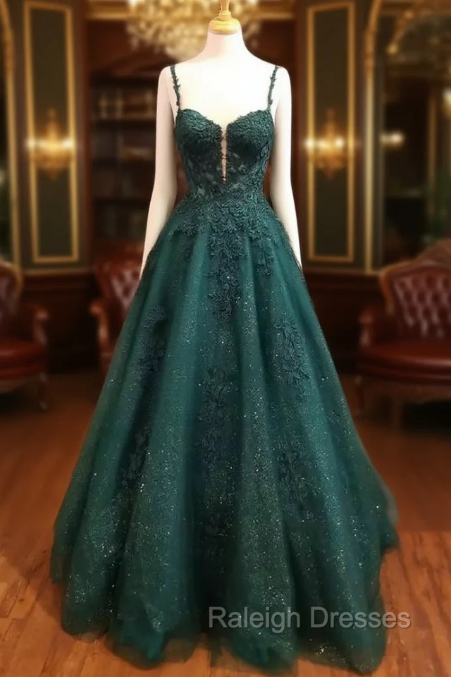 Dark Green Prom Dresses, A-line Sweetheart Spaghetti Straps Long/Floor-Length Tulle Prom Dress With Beading Glitter Appliqued