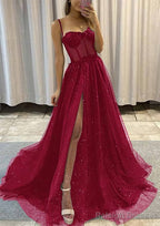 A-line Sweetheart Spaghetti Straps Sweep Train Tulle Glitter Prom Dresses With Appliqued