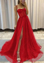 A-line Sweetheart Spaghetti Straps Sweep Train Tulle Glitter Prom Dresses With Appliqued