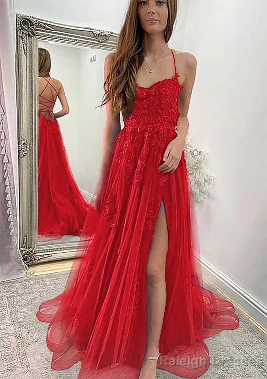 A-line Sweetheart Spaghetti Straps Sweep Train Tulle Prom Dresses With Appliqued Split