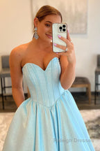 A Line Sweetheart Strapless Blue Long Prom Dress