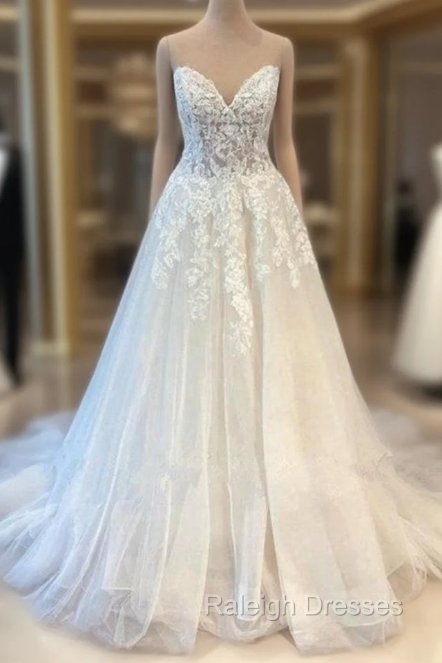 A-Line Sweetheart Strapless Floor-length Sleeveless Backless Appliques Lace Wedding Dress Main image