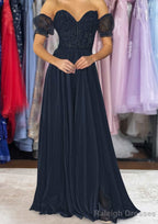 A-line Sweetheart Strapless Long/Floor-Length Chiffon Prom Dresses with Detachable Balloon Sleeves