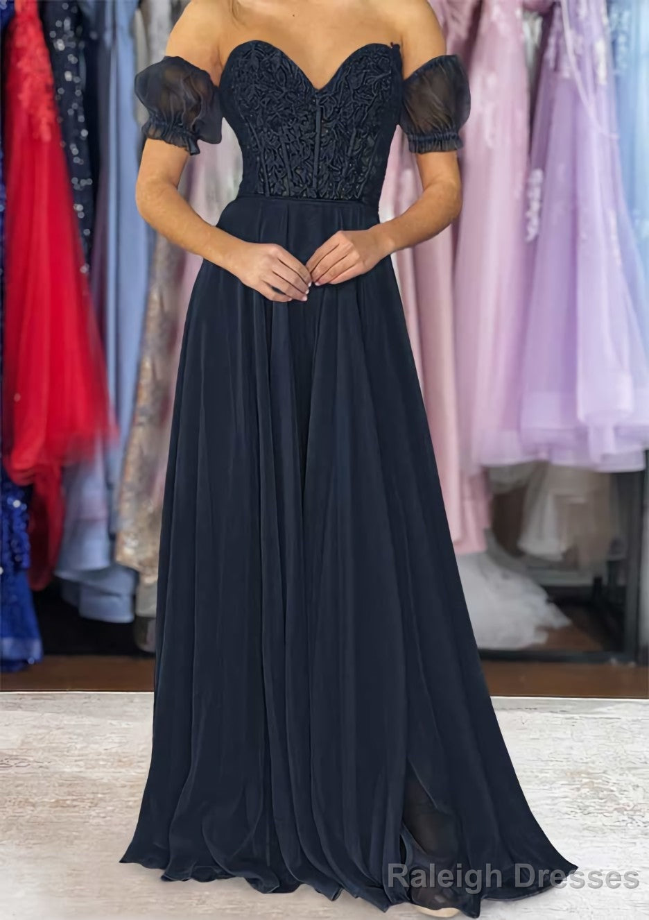 A-line Sweetheart Strapless Long/Floor-Length Chiffon Prom Dresses with Detachable Balloon Sleeves