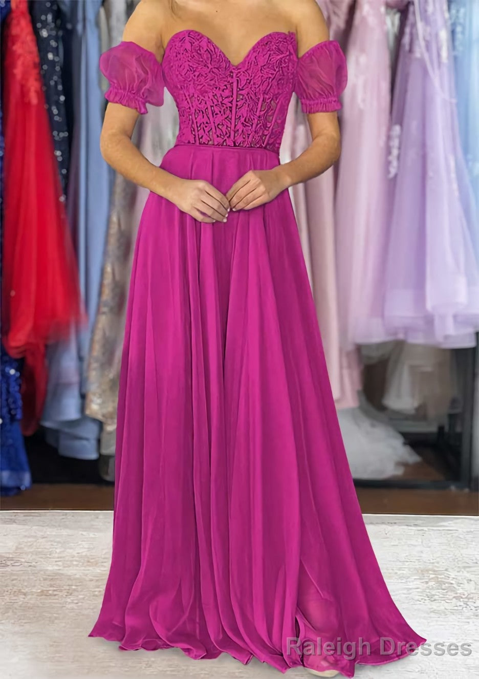 A Line Sweetheart Strapless Long Dress Floor Length Chiffon Prom Dress with Detachable Balloon Sleeves