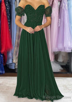 A Line Sweetheart Strapless Long Dress Floor Length Chiffon Prom Dress with Detachable Balloon Sleeves