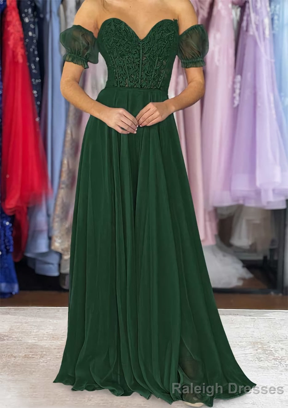 A Line Sweetheart Strapless Long Dress Floor Length Chiffon Prom Dress with Detachable Balloon Sleeves
