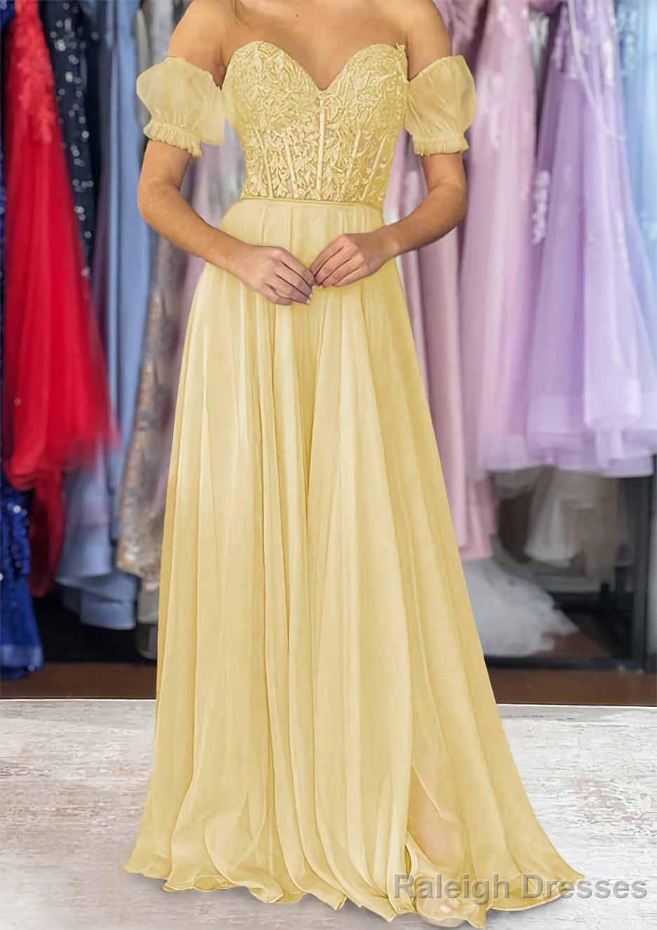 A-line Sweetheart Strapless Long/Floor-Length Chiffon Prom Dresses with Detachable Balloon Sleeves