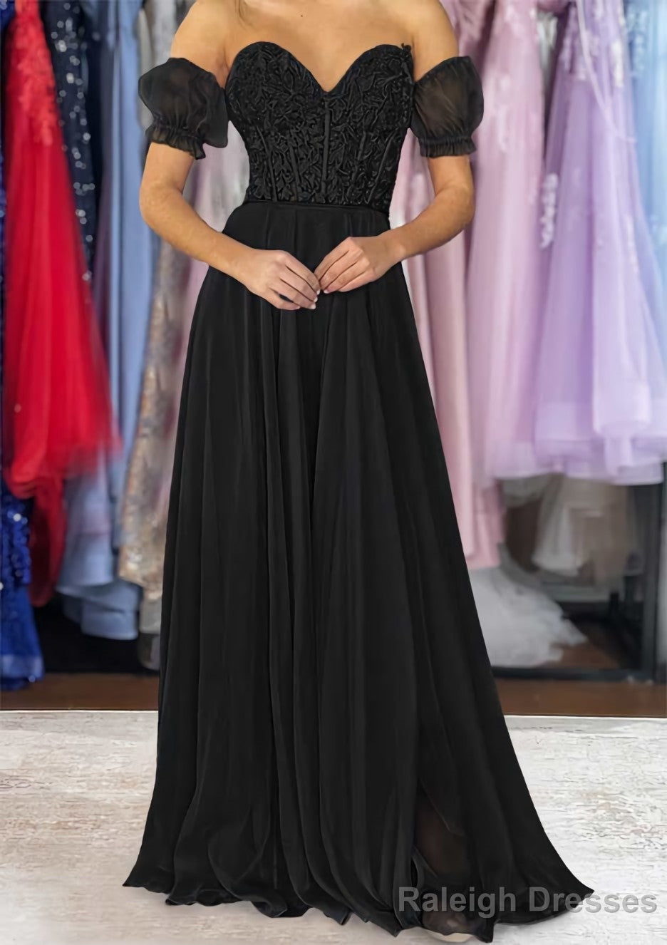 A Line Sweetheart Strapless Long Dress Floor Length Chiffon Prom Dress with Detachable Balloon Sleeves