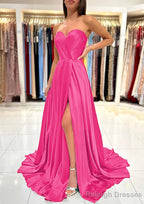 A-line Sweetheart Strapless Sweep Train Charmeuse Prom Dresses With Pleated Split