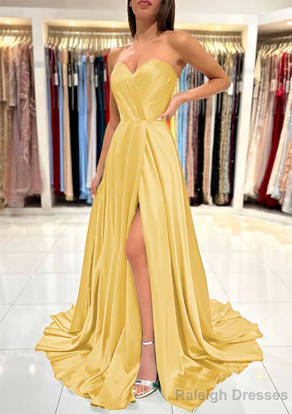 A-line Sweetheart Strapless Sweep Train Charmeuse Prom Dresses With Pleated Split